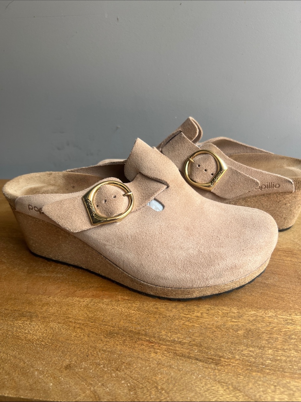 Papillio Beige Suede Wedge Mules with Gold Buckles